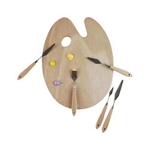 Artist's Loft Wood Paint Palette and Palette Knife Set, Ergonomic Oval Artist Tray with Stainless Steel Tools, Natural, 6-Piece Set