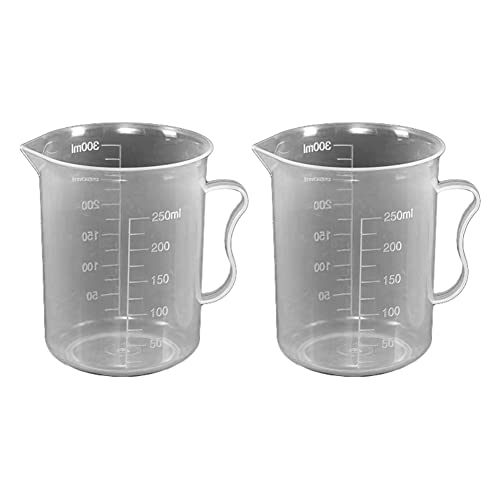 2 Pieces Plastic Measuring Cups with Handle Clear Measuring Cup Plastic Beaker Cups Plastic Graduated Cup Multipurpose Mixing Cups for Kitchen Experiment Mixing Paint Epoxy Resin, 250ml-300ml