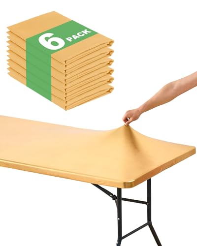KeyWave Fitted Tablecloth Rectangle Table Cloths - 6 Pack 8 Foot Elastic Stretch Folding Table Top Cover Water-Resistant Reusable for Outdoor Picnic Camping Party Event, Stamping Gold, 96" L x 30" W - color: Stamping Gold, size: 8 ft - 6 Pack