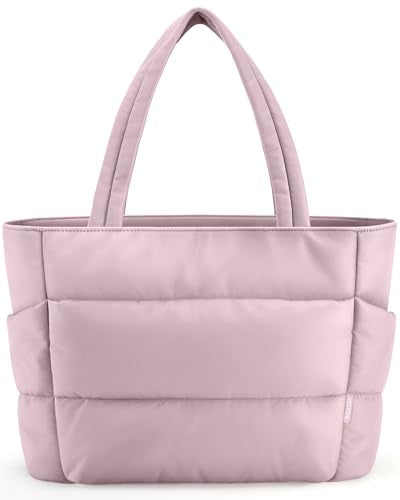 HOTOR Puffer Tote Bag for Women, Multi-Pocket, Zippered - color: Pink, size: 18.1" × 6.3" × 11.8"