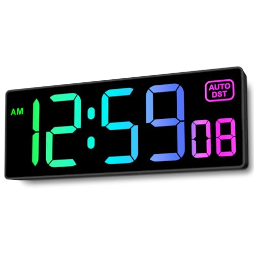 Soobest Large LED Digital Wall Clock 8 RGB Color Changing Display | Corded Plug Electric Digital Clock with Seconds for Living Room Bedroom Desk Table Office Gym, 5 Dimmers, Auto DST, 10 Inches - color: 10.2" Multicolor