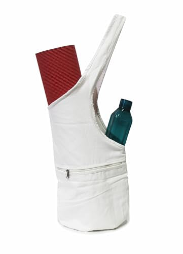 INDIAN CRAFT CASTLE Yoga Mat Bag | Tote Mat Bag | Sling Yoga Tote w/Large Side Pocket & Zipper Pocket | Yoga Mat Carrier Fits Most Size Mats - color: White