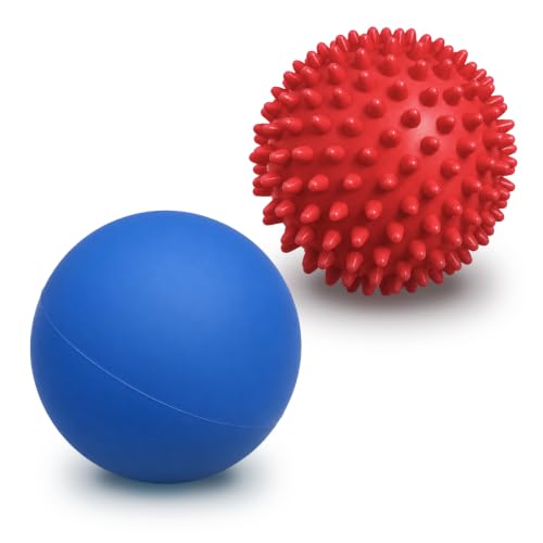Lacrosse Massage Ball Spiky Ball Set | for Myofascial Release, Plantar Fasciitis, Stress Relief for Back, Neck, Feet, for Home, Office, Gym - color: Blue-red-