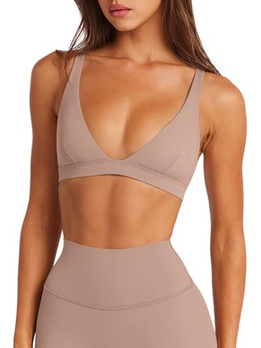 LASLULU Womens Deep V-Neck Sports Bra Padded Low Impact Yoga Workout Bra - color: Sienna, size: Medium