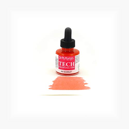 Dr. Ph. Martin's TECH Drawing Ink (4W) Ink Bottle, 1.0 oz, Scarlet, 1 Bottle