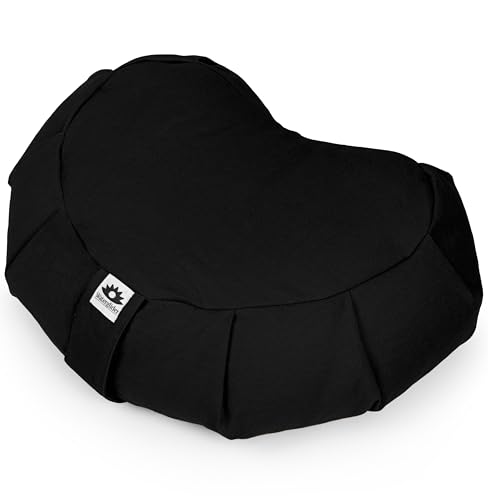 Meditation Cushion (Black) Crescent, Buckwheat Husk Filled, Floor Pillow or Cushions, Yoga Seat, Zafu, Made in The USA - color: Black