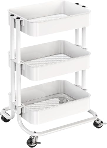 Pipishell 3 Tier Metal Rolling Utility Cart with 2 Lockable Wheels, White | 360° Rotating Wheel, Heavy-Duty Steel, Sturdy Dual Columns, Ventilated Mesh, Hold 22 lbs per Shelf, for Kitchen & Living Room - color: White, size: 3 Tier