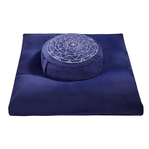 Zafu & Zabuton Meditation Cushion Set - Buckwheat Hull & Memory Foam Pillows, Ergonomic Support for Yoga, Mindfulness - Organic Velvet Cover, Large Size, Durable Comfort (Dark Blue) - color: Dark Blue