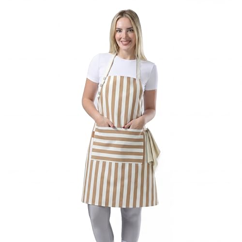 TOSHEX Kitchen Apron Cotton Waterdrop Resistant Adjustable Button Women Men | Premium Cotton Cooking Apron with Pocket. Striped, Gift, Brown - color: Brown
