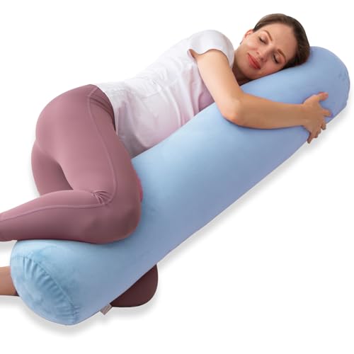 1 MIDDLE ONE Bolster Pillow for Bed, Long Round Body Pillow for Adults with Removable Velvet Cover, Decorative Tube Roll Cylinder Pillow, 47 x 7.87 Inch, Light Blue - color: Light Blue, size: 47 inch