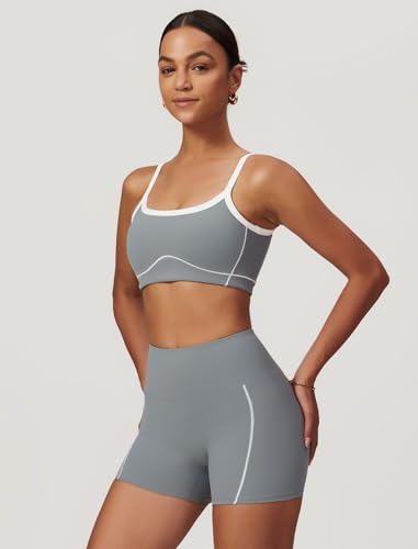 QBGJTD Two Piece Women Workout Sets Color Block Sports Bra and Scrunch Butt Lifting Shorts Gym Yoga Outfits - color: Grey, size: Medium