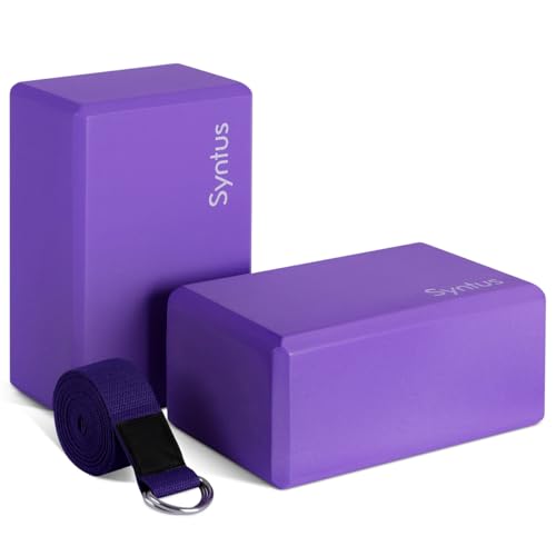Syntus Yoga Block & Strap Set for Fitness, Pilates, Stretching and Toning | Natural Cork, EVA, 9×6×4 in, Eco-Friendly, Strong Support, Easy to Grip, Anti-Slip, Yoga, Pilates, Stretching Use - color: Purple