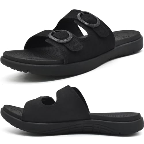COFACE Womens Orthotic Slides Comfort Plantar Fasciitis Arch Support Slip on Flat Sandals Ladies Soft Cushion Fashion Yoga Mat Slippers With Adjustable Straps - color: All-black, size: 8.5