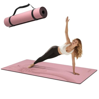 Large Exercise Mat | 10mm Thick TPE Non-slip Gym Mats, Carrying Strap - color: pink/black