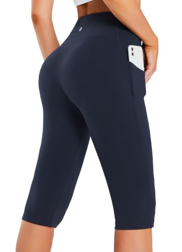 baleaf Women's Capri Leggings with Pockets Knee Length High Waisted - color: Navy Blue, size: XX-Large