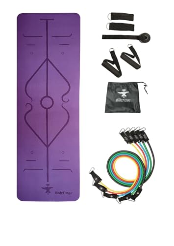 BodyForge Yoga Mat Thick Exercise Mat Thick Non-Slip Extra Thick High-Density Pilates & Resistance Bands Exercise Bands Workout Bands Resistance Bands Exercising Bands Men and Women Work Out Bundle - color: Purple