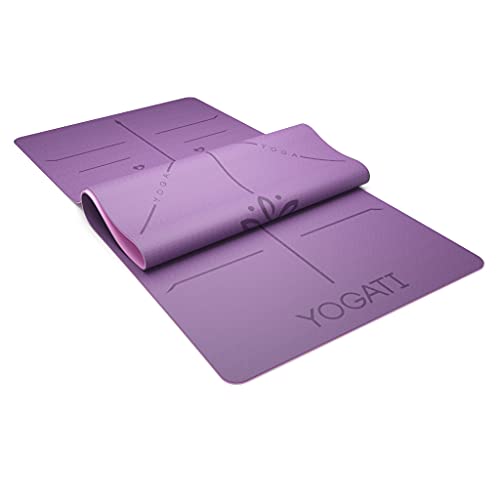 YOGATI® Yoga Mat with Strap with Alignment Lines. Home Workout Mat for Women, Men and Kids. Thick Non Slip Yoga Mat for Pilates and Fitness. Brown, Pink and Purple Yoga Mats - color: Purple