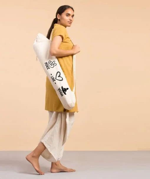 Mayatra's Organic Large Yoga Mat Tote Bag Cover -100% Cotton Lightweight,Washable Yoga Dust Bag With Adjustable Strap Unisex - color: Peace