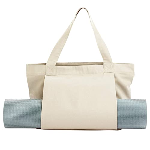 Yoga Mat Carrier, Gym Bag With Yoga Mat Holder, Women Canvas Tote With Shoulder Strap For Pilates, Travel, Office, Sports, Workout And Beach – Inner Zippered Pocket, Fits Standard And Small Mats - color: Off Whtie