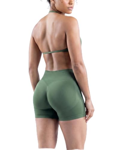 MOYOOGA 2 Piece Workout Sets for Women Seamless Shorts and Strappy Sports Bra Athletic Gym Yoga Matching Outfits - color: Olive Green, size: Medium