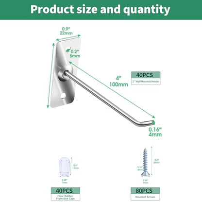 40 Pcs 4"/10CM Stainless Steel Wall Mounted Hooks with Protective Caps and Screws, Coat Bag Hat Utility Hook, Garage Tools Storage Organizer & Hanger for Office Kitchen Home Shop - size: 4" / 10cm