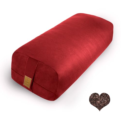 Organic Buckwheat Bolster (24X10.5X5.5 in) Supportive Rectangular Meditation Pillow 100% Cotton Cover Yoga Pillow - color: Red