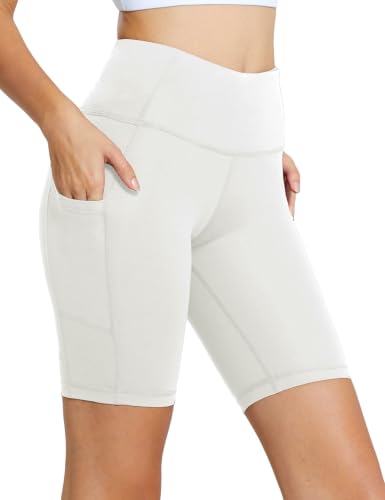 baleaf Women's High Waist Biker Shorts with 3 Pockets - color: White-classic, size: X-Small