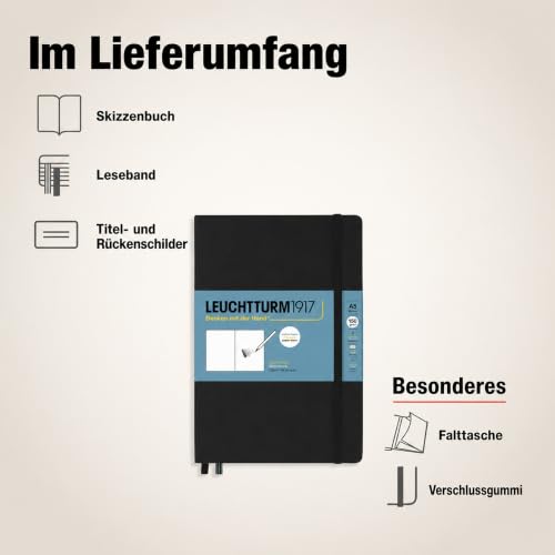 Leuchtturm1917 - Medium A5 Hardcover Sketchbook (Black) - 112 Pages of 150g/m² Paper - color: Black, size: Medium (A5)
