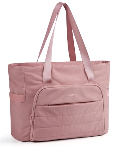 BAGSMART Tote Bag for Women, Lightweight Tote Bag with Yoga Mat Strap, Quilted Shoulder Bag Handbag for Daily, Work, Gym - color: Dark Pink