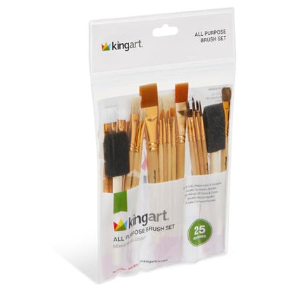 KINGART 25-Piece Paint Brush Set, Acrylic, Oil, Watercolor Gouache Paints, Face & Nail, Miniature Detailing & Rock Painting