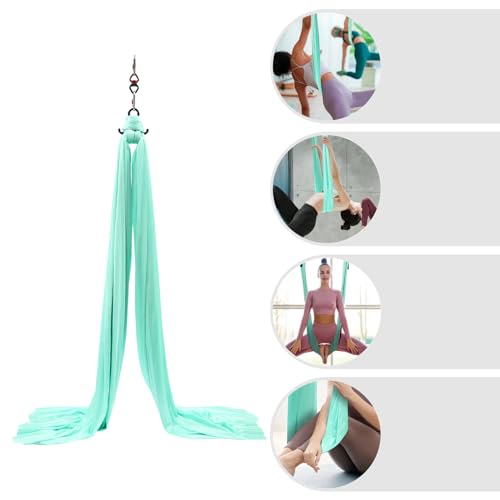 Deluxe Aerial Yoga Hammock Set – 5m/5.5yd Heavy Duty Polyester Aerial Silks Swing for Acrobatic, Circus Arts, Dance – 440lbs Capacity Yoga Trapeze with Extension Straps & Carabiners – Green