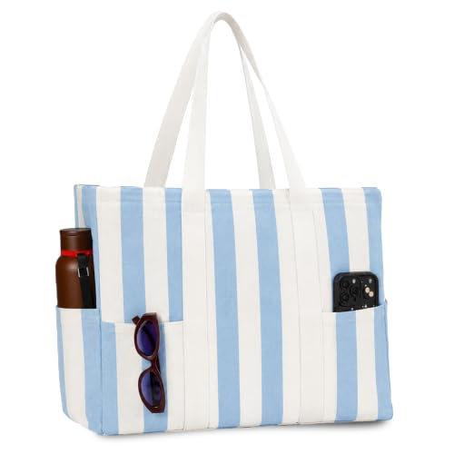 Folkulture Beach Tote Bags For Women, Beach Must Haves 2026-18x15 Inch | Waterproof,Sandproof, Large Tote Bags for Women, Swimming Pool, Beach Essentials, Simple Modern Pool Bag, Bolsos Para Mujeres - color: Ice Blue - Stripes