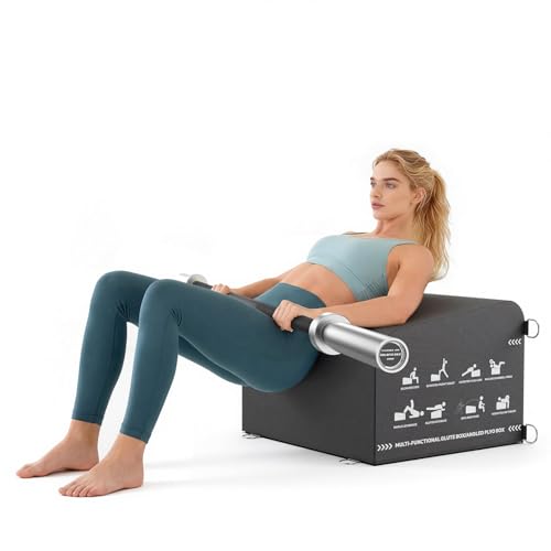 Hip Thrust Box Multifunctional Angled Glute Box for Hip Strength Ab Workout | Hip Thrust Bench & Fitness Accessories Set, All-in-One Glute Box Jump Box with Anti-Slip Tread at Home Gym, Core & Ab Workout - color: 6FT SilverBlack Bar with Hip Thrust Bench