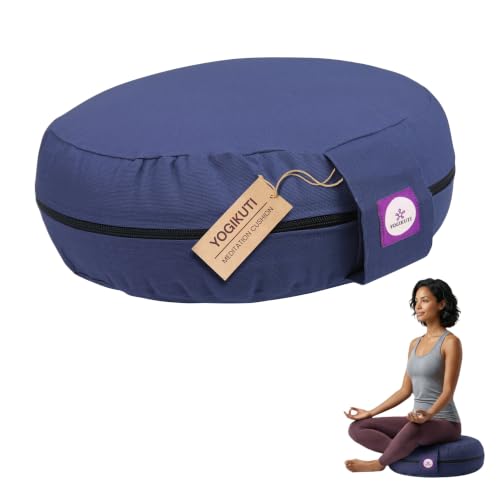 Yogikuti 100% Cotton Meditation Cushion (Round) with Handle | Firm & Comfortable Yoga Cushion | Removable Washable Cover | Floor Seating Support for Meditation, Yoga & Pranayama - color: Blue