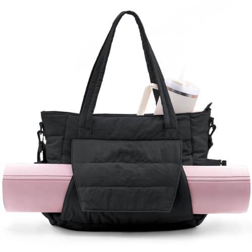 Yoga Tote Bag for Women with Yoga Mat Holder & Luggage Sleeve, Large Pilates Gym Bag with 16" Laptop Compartment, Lightweight Puffer Quilted Travel Tote with Water Bottle Pockets for Work - color: Black, size: Regular