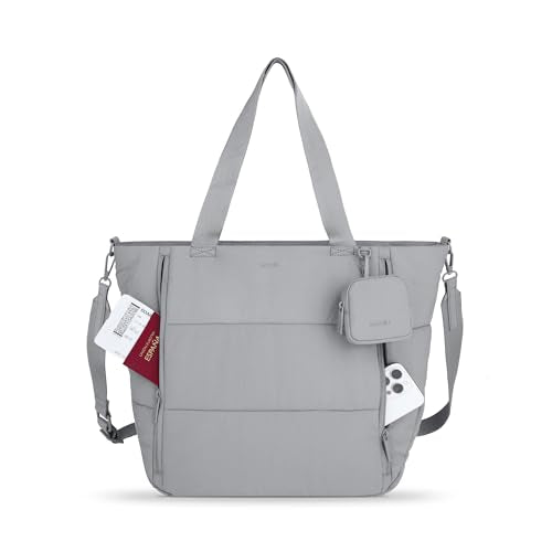 Puffer Tote Bag - Work Bags for Women with Mini Pouch Bundle with Laptop Pocket - Pilates Bag - For Travel, Work, Gym - color: Gray