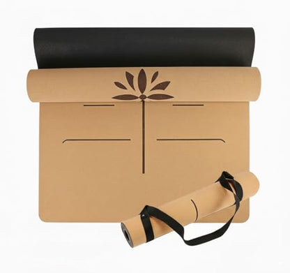 Premium Cork Yoga Mat | Extra-Large 5mm Thick Mat with Natural Tree Rubber Base | Non-Slip Surface with Alignment Lines for Posture Support | Eco-Friendly, Durable & Comfortable for All Yoga Practices