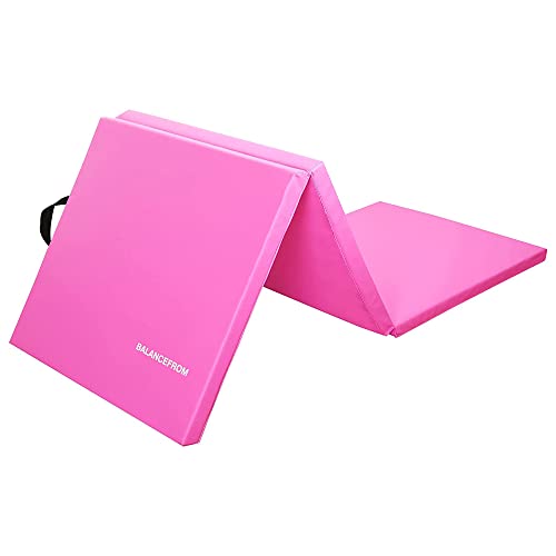 BalanceFrom 6x2 Feet 3-Panel Folding Gymnastics Mat – 1.5-Inch Thick Pad with Vinyl Surface and Carrying Handles for Tumbling, Yoga, Pilates, Home Workouts, and Martial Arts - color: Pink