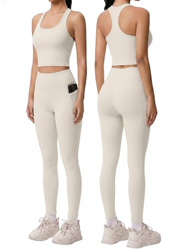 2 Piece Workout Sets for Women Racerback Tank High Waisted Pocket Leggings No Front Seam Tummy Control Butt Lifting - color: Cream, size: Large