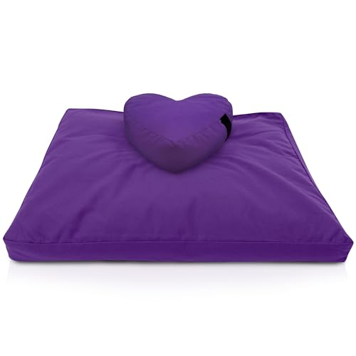 Bean Products Meditation Cushion Mat Set - Zafu Floor Pillow Organic Buckwheat Pillow + Cotton Filled Zabuton Prayer Pad - Meditation Pillow Yoga Knee Pad - Made in USA - 14" Round or 18" Oval - color: Purple - 10oz Cotton Canvas, size: Heart Shaped Combo