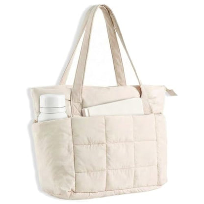 U+U Puffer Tote Bag for Women, Quilted Work Tote with Compartments | Work-to-Travel Design with Yoga Mat Strap - color: Cream