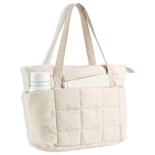 U+U Puffer Tote Bag for Women, Quilted Work Tote with Compartments | Work-to-Travel Design with Yoga Mat Strap - color: Cream