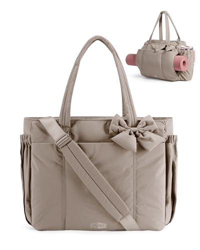BAGSMART Crush Bow Tote Bag for Women, Puffer Travel Work Yoga Laptop Bag | Large Bow Tote Fits 40oz Tumbler, 15.6" Laptop, Yoga Mat Sleeve, Waterproof Pocket, Travel Work Swim Gym Mom Shoulder Handbag - color: Latte Brown, size: 20L-Large