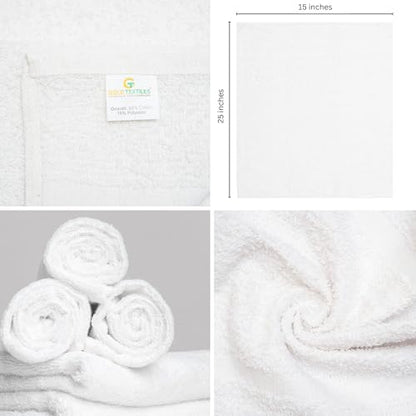 GOLD TEXTILES White Hand Towels 24 Pack (15x25 Inches) Cotton Blend Salon Towels Thin, Light Weight, Quick Drying Spa Towels