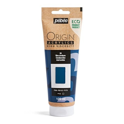 PEBEO Origin Acrylics 120ml Matte Acrylic Paint, Cerulean Blue | Soft sky-blue acrylic paint - matte, high viscosity, intense lightfast color, atmospheric mixes, 100% recycled binder - color: Cerulean Blue