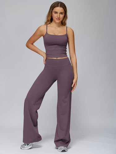 Womens Two Piece Workout Sets Spaghetti Straps Crop Top Matching Straight Leg Pants Gym Yoga Pilates Outfits - color: Deep Purple, size: Medium