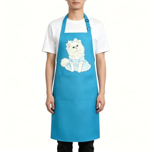 Unisex Cat Chef Apron, Adjustable Strap with Two Pockets | Thick waterproof fabric, machine washable. 27.5×31.5 in. Dual pockets for phones. Dual neck straps, long ties, cute cat print - color: Blue