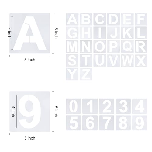 4 Inch Letter Stencils 36Pcs Alphabet Numbers Reusable Plastic Stencils for Painting on Wood Wall Canvas DIY Art Projects