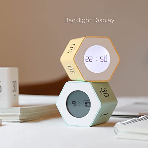 mooas Multi-Hexagon Clock Timer, Cube, Backlight, Countup/Down (White) | 6 Preset Times, Productivity Timer, 12/24H Clock, Battery Operated, Sound/Mute, Easy to Use, Exercise, Study, Cooking, Work - color: White, Mint, Yellow
