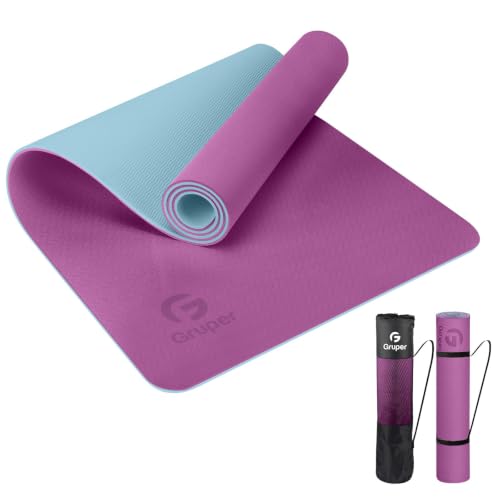 Gruper Yoga Mat Non Slip, Eco Friendly Fitness Exercise Mat with Carrying Strap,Pro Yoga Mats for Women,Workout Mats for Home, Pilates and Floor Exercises - color: Purple / Teal, size: 0.31*24*72 Inches